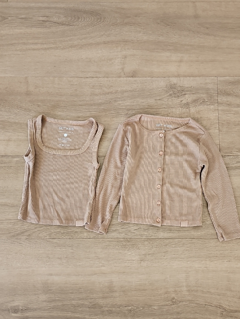 Set Active Ribbed Tank & Button Cardigan Set in Tan Modal Cotton Girls 2-3T
